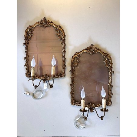 ANTICA COPPIA SPECCHIERA LAMPADA 2 lumi CORNICE DORATA STILE LIBERTY LEGNO '800