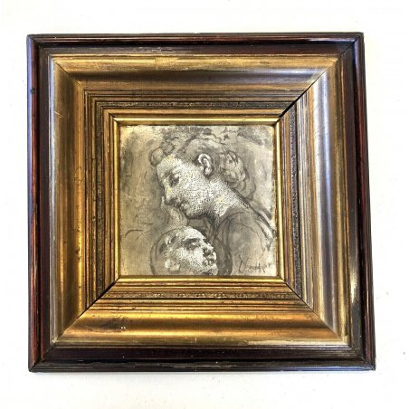 ANTICO DISEGNO TECNICA MISTA STUDIO VOLTO CARTA ACQUERELLO GRAFFIATO FIRMATO 800