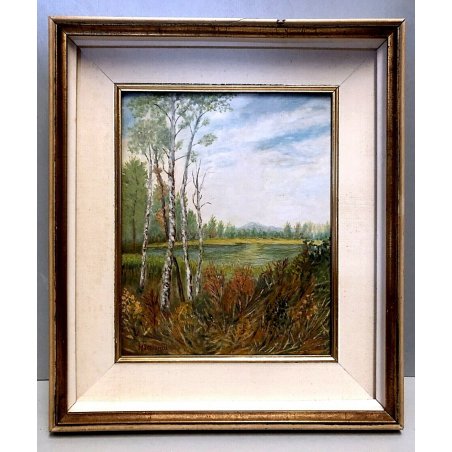 QUADRO DIPINTO OLIO TAVOLA Marciandi PAESAGGIO SOTTOBOSCO LAGO MONTAGNE '900