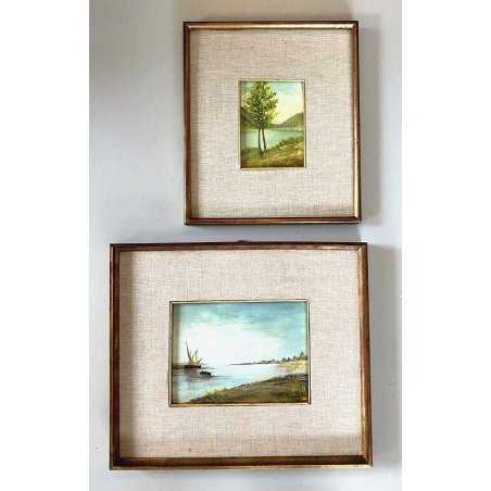 COPPIA QUADRO DIPINTO OLIO TAVOLA Marciandi PAESAGGIO MONTANO VEDUTA PAESE LAGO