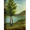 COPPIA QUADRO DIPINTO OLIO TAVOLA Marciandi PAESAGGIO MONTANO VEDUTA PAESE LAGO