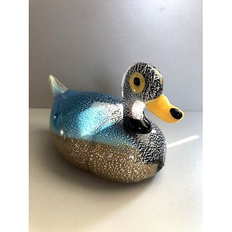 SCULTURA ANATRA VETRO MURANO FOGLIA ARGENTO VINTAGE ART GLASS PAPERA