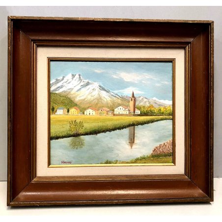 QUADRO DIPINTO OLIO Marciandi PAESAGGIO SOTTOBOSCO VALLE FIUME MONTAGNE '900