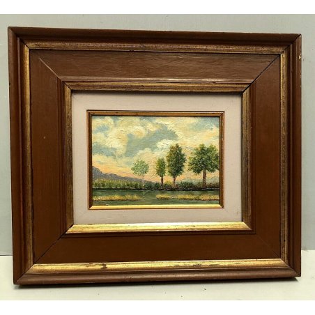 QUADRO DIPINTO OLIO TAVOLA Marciandi PAESAGGIO FLUVIALE CANALE MONTAGNE TRAMONTO