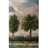QUADRO DIPINTO OLIO TAVOLA Marciandi PAESAGGIO FLUVIALE CANALE MONTAGNE TRAMONTO