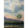 QUADRO DIPINTO OLIO TAVOLA Marciandi PAESAGGIO FLUVIALE CANALE MONTAGNE TRAMONTO