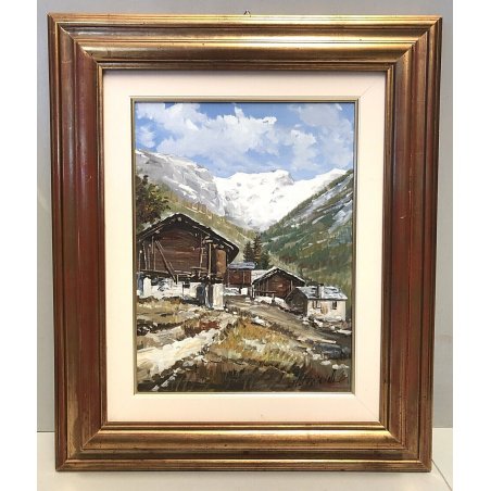 QUADRO DIPINTO OLIO TELA Marianelli Monte Rosa BAITE PAESAGGIO MONTANO NEVE  900