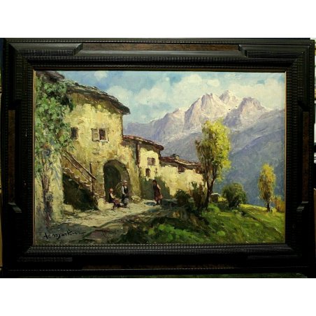 ANTICO GRANDE DIPINTO OLIO TELA R. Martini RUSTICO in VALTELLINA PAESAGGIO  '900