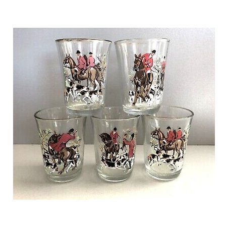 5 x BICCHIERI REIMS VMC FRANCE scena di caccia volpe BICCHIERINI fox hunting '70