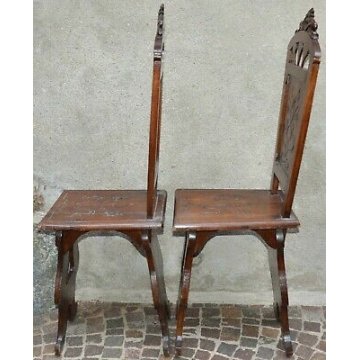 COPPIA ANTICO SGABELLO epoca 900 Liberty SEDIA NOCE SCRANNO TRONO ANCIENT CHAIR