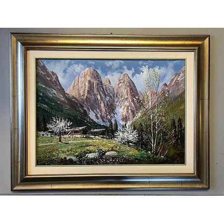 QUADRO DIPINTO OLIO D. Marianelli  Primavera Dolomiti BAITE PAESAGGIO MONTANO 