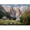 QUADRO DIPINTO OLIO D. Marianelli  Primavera Dolomiti BAITE PAESAGGIO MONTANO 