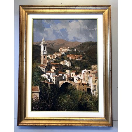 QUADRO DIPINTO OLIO TELA Armando Romano PAESAGGIO ANTICO BORGO CAMPANILE '900