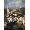 QUADRO DIPINTO OLIO TELA Armando Romano PAESAGGIO ANTICO BORGO CAMPANILE '900