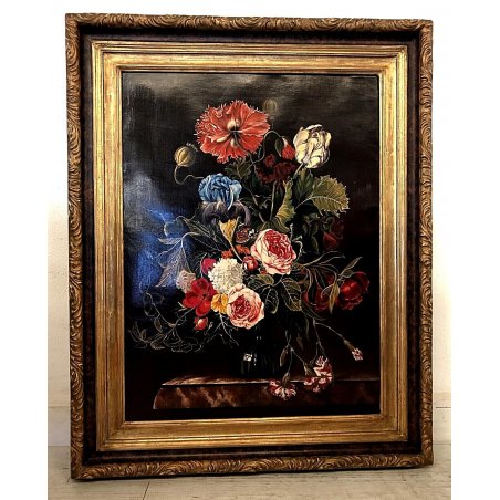 ANTICO DIPINTO OLIO NATURA MORTA BOUQUET FIORI VASO PEONIE IRIS PAPAVERI  '900