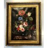 ANTICO DIPINTO OLIO NATURA MORTA BOUQUET FIORI VASO PEONIE IRIS PAPAVERI  '900