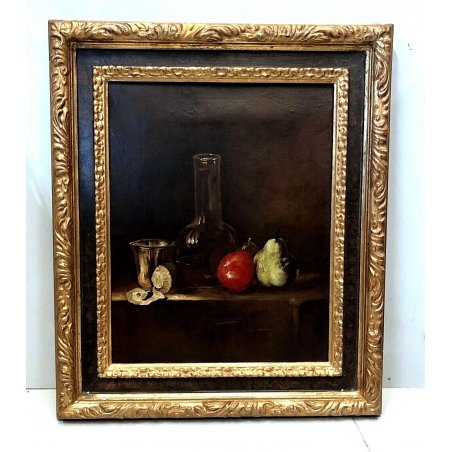 ANTICO DIPINTO OLIO TELA NATURA MORTA CON FRUTTA PERA MELA BROCCA VETRO '900