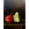 ANTICO DIPINTO OLIO TELA NATURA MORTA CON FRUTTA PERA MELA BROCCA VETRO '900