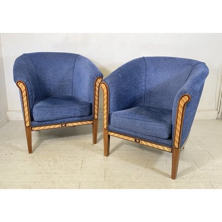COPPIA POLTRONA META' 1900 LEGNO INTARSIATO ARMCHAIR POLTRONE VINTAGE STOFFA BLU