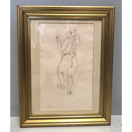 QUADRO DISEGNO MATITA Natale Addamiano RITRATTO NUDO DONNA di SCHIENA SPECCHIO  