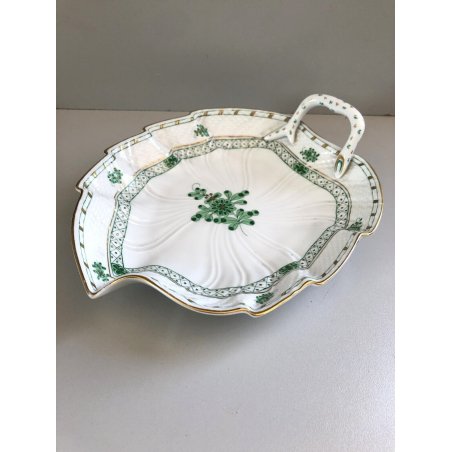 ANTICO PIATTO PORCELLANA Herend FOGLIA BORDO ORO DECORO BOUQUET CHINESE VERDE 