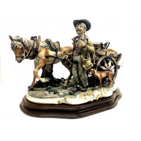 ANTICA GRANDE SCULTURA CERAMICA Capodimonte MESTIERI STAGNINO UOMO CAVALLO CARRO