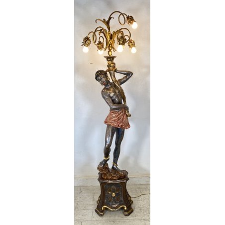 LAMPADA DA TERRA MORETTO VENEZIANO STATUA BAROCCA MORO LEGNO DIPINTO 5 LUCI 1900