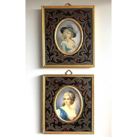 COPPIA ANTICA MINIATURA OLIO RITRATTO NOBILDONNA CORNICE VITTORIANA INTARSIATA 