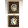 COPPIA ANTICA MINIATURA OLIO RITRATTO NOBILDONNA CORNICE VITTORIANA INTARSIATA 