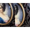 COPPIA ANTICA MINIATURA OLIO RITRATTO NOBILDONNA CORNICE VITTORIANA INTARSIATA 
