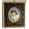 COPPIA ANTICA MINIATURA OLIO RITRATTO NOBILDONNA CORNICE VITTORIANA INTARSIATA 
