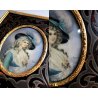 COPPIA ANTICA MINIATURA OLIO RITRATTO NOBILDONNA CORNICE VITTORIANA INTARSIATA 