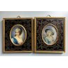 COPPIA ANTICA MINIATURA OLIO RITRATTO NOBILDONNA CORNICE VITTORIANA INTARSIATA 