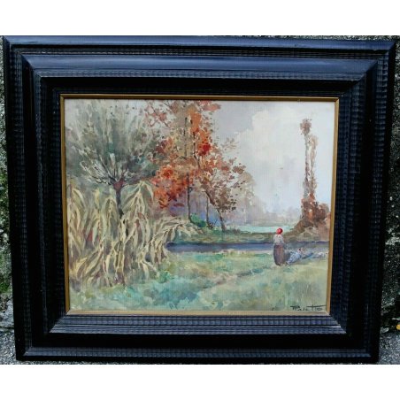 ANTICO QUADRO DIPINTO ACQUERELLO A. Pasetto VEDUTA PAESAGGIO CONTADINA TACCHINI 