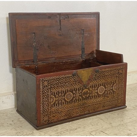 ANTICA PICCOLA CASSAPANCA LEGNO NOCE INTARSIO PREGIATO PANCA BAULE EPOCA 1800 