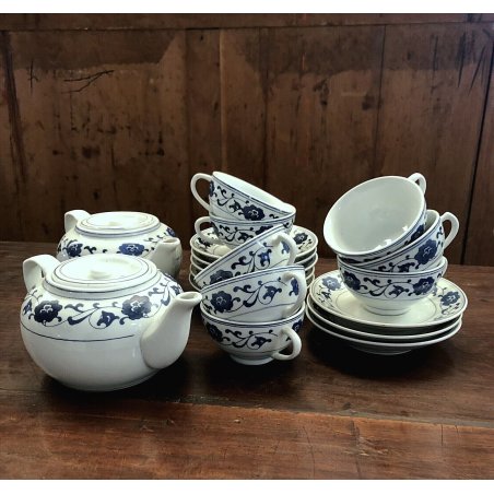 SERVIZIO Tè CINESE 8pers 2 TEIERE CERAMICA BIANCA DECORO BLU PEONIE VINTAGE '60s