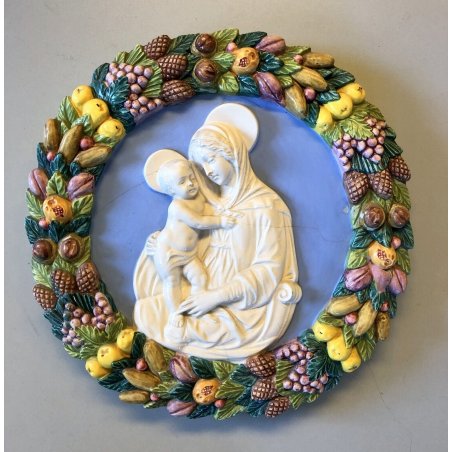 ANTICO BASSORILIEVO TONDO PARETE CERAMICA POLICROMA MADONNA con BAMBINO ø 48 cm