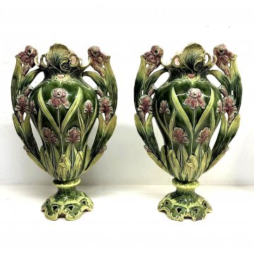 COPPIA ANTICO VASO MAIOLICA Josef Strnact DOPPIO MANICO ART NOUVEAU DECORO IRIS 