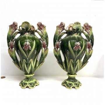 COPPIA ANTICO VASO MAIOLICA Josef Strnact DOPPIO MANICO ART NOUVEAU DECORO IRIS 