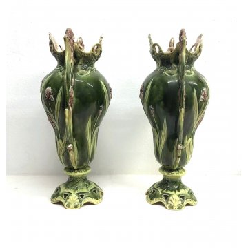 COPPIA ANTICO VASO MAIOLICA Josef Strnact DOPPIO MANICO ART NOUVEAU DECORO IRIS 