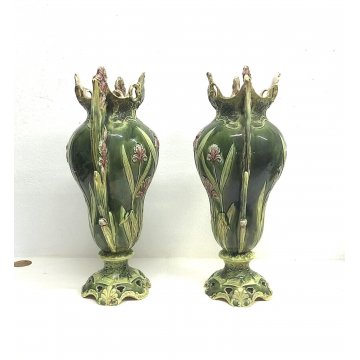 COPPIA ANTICO VASO MAIOLICA Josef Strnact DOPPIO MANICO ART NOUVEAU DECORO IRIS 