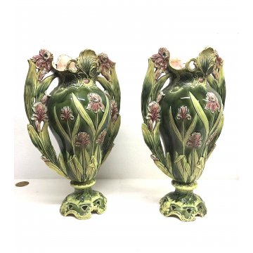 COPPIA ANTICO VASO MAIOLICA Josef Strnact DOPPIO MANICO ART NOUVEAU DECORO IRIS 