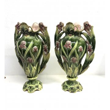 COPPIA ANTICO VASO MAIOLICA Josef Strnact DOPPIO MANICO ART NOUVEAU DECORO IRIS 