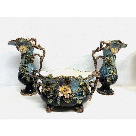 TRITTICO ANTICO VASO CENTROTAVOLA BROCCA MAIOLICA LIBERTY DECORO RAMO NOCCIOLO