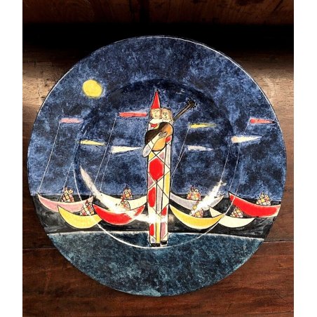 GRANDE PIATTO DECORATIVO Walter Pozzi 18/50 MAIOLICA Rossicone ø 45,5 cm '70s