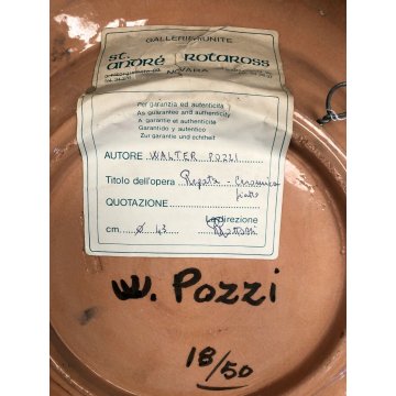 GRANDE PIATTO DECORATIVO Walter Pozzi 18/50 MAIOLICA Rossicone ø 45,5 cm '70s