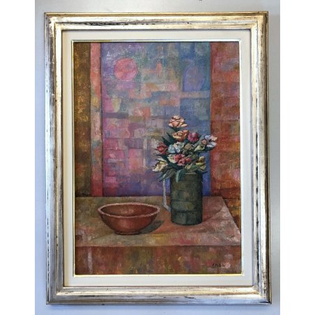 GRANDE QUADRO OLIO TELA Vito Melotto NATURA MORTA Composizione FIORI CIOTOLA 86'