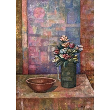 GRANDE QUADRO OLIO TELA Vito Melotto NATURA MORTA Composizione FIORI CIOTOLA 86'