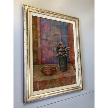 GRANDE QUADRO OLIO TELA Vito Melotto NATURA MORTA Composizione FIORI CIOTOLA 86'