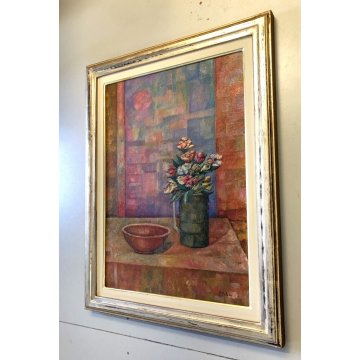 GRANDE QUADRO OLIO TELA Vito Melotto NATURA MORTA Composizione FIORI CIOTOLA 86'
